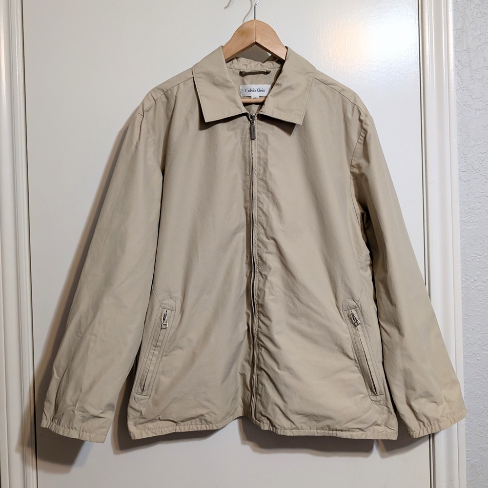Calvin Klein Beige Lightweight Zip Jacket Minimalist Cotton Blend Coat L